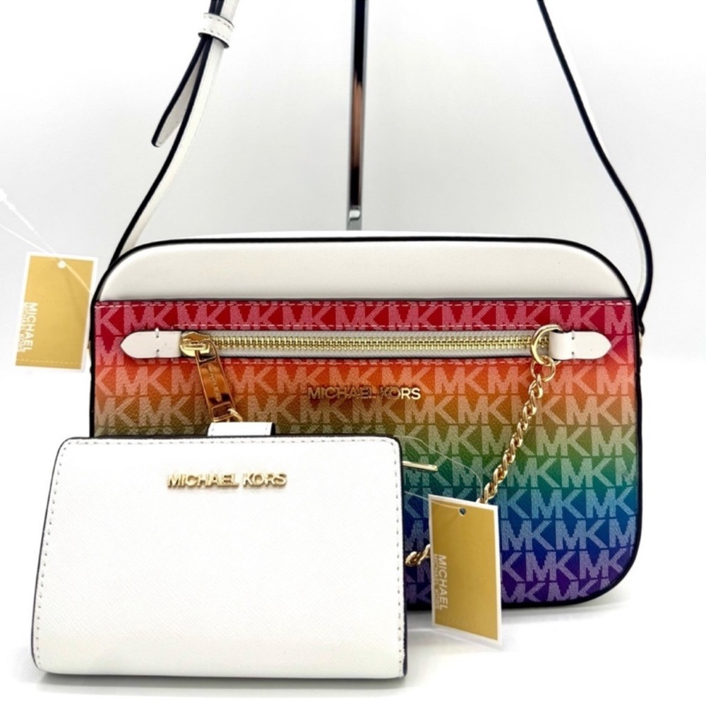 Michael Kors Large Signature Logo Crossbody Bag & Matching Bifold Wallet Rainbow